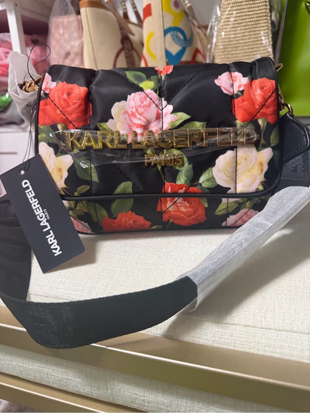 Karl Lagerfeld Black Quilted Crossbody with Red, Pink & Cream Roses
